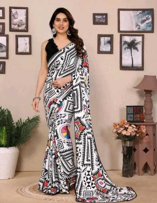 JASH FASHION Digital Print Bollywood Dupion Silk Saree(White, Black)