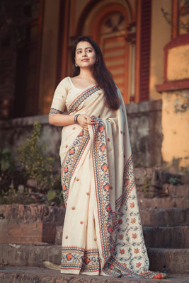 TRUORIGIN Self Design, Printed, Digital Print, Floral Print Bollywood Cotton Linen, Linen Saree(Cream)
