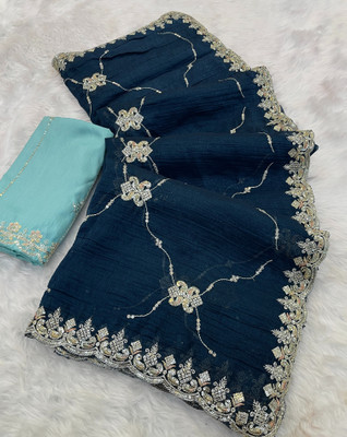 Zari and Ziba Embroidered, Embellished Bollywood Chiffon Saree(Dark Blue)