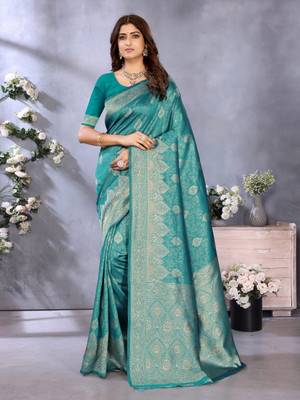Emv Everymoment Vouge Printed Banarasi Silk Blend Saree(Light Blue)