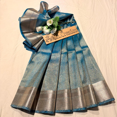 AHCREATION Self Design Banarasi Tissue Saree(Light Blue)