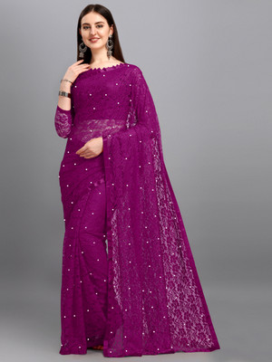 Croza Self Design Bollywood Net Saree(Purple)