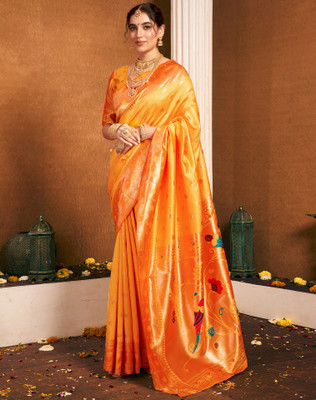 Divastri Woven, Embellished Paithani Silk Blend, Jacquard Saree(Yellow)