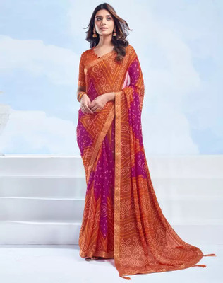 Swarne Geometric Print Bandhani Chiffon Saree(Pink)