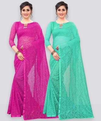 LOROFY Self Design Bollywood Net Saree(Pack of 2, Pink, Light Green)