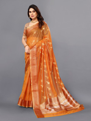 Moda Rapido Printed Kota Doria Cotton Silk, Jacquard Saree(Orange)