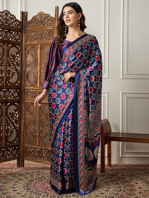 Sareemall Printed Hand Batik Crepe Saree(Dark Blue)