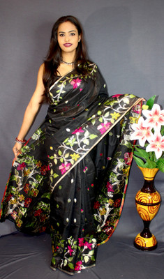 Banerjee Fashion Floral Print, Woven Jamdani Cotton Silk, Silk Blend Saree(Black, Multicolor)