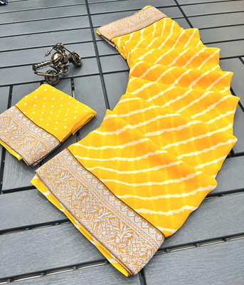 VD PRINTS Printed Leheria Georgette Saree(Yellow)