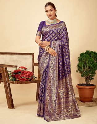 Samah Woven, Embellished, Self Design Banarasi Silk Blend Saree(Gold, Purple)