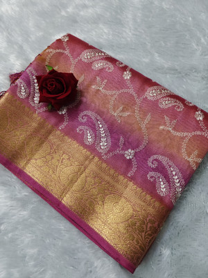 Sakhi Vastra Embroidered, Paisley Banarasi Tissue, Organza Saree(Pink)