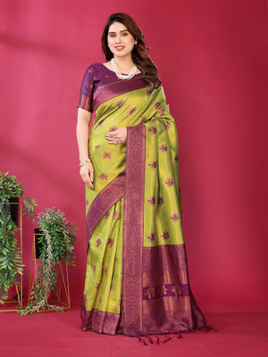 VASTUKALA Woven Kanjivaram Pure Silk, Art Silk Saree(White, Purple)