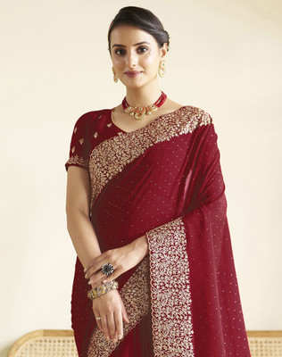 SIRIL Dyed, Embroidered, Embellished Bollywood Silk Blend Saree(Red, Gold)