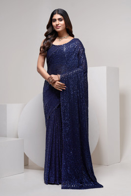 DIVINE INTERNATIONAL TRADING CO Embroidered Bollywood Georgette Saree(Blue)