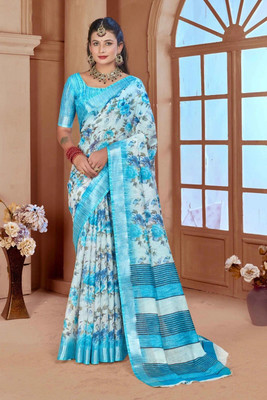 Rachna Printed Daily Wear Linen Saree(Blue)
