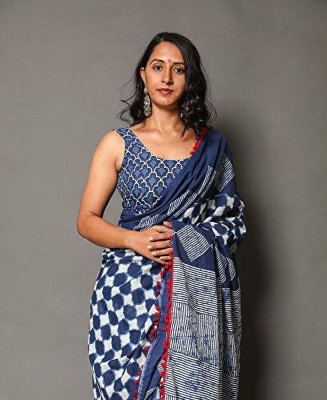 Craftmusium Printed, Color Block, Blocked Printed, Floral Print, Dyed Daily Wear Pure Cotton Saree(Blue)