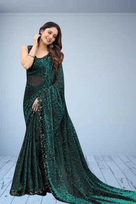 Janvi Boutique Self Design Bollywood Net Saree(Green)
