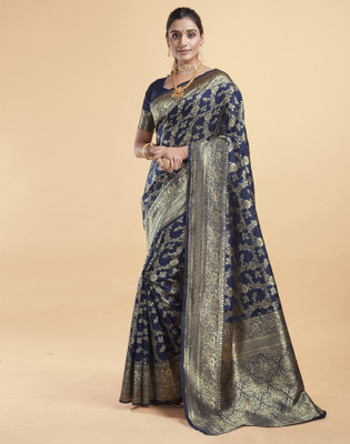 Samah Woven, Embellished Banarasi Silk Blend, Jacquard Saree(Blue, Gold)