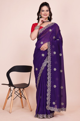 V AMAN FASHION Solid/Plain, Self Design, Embroidered Bollywood Chiffon, Jimmy choo Saree(Purple)