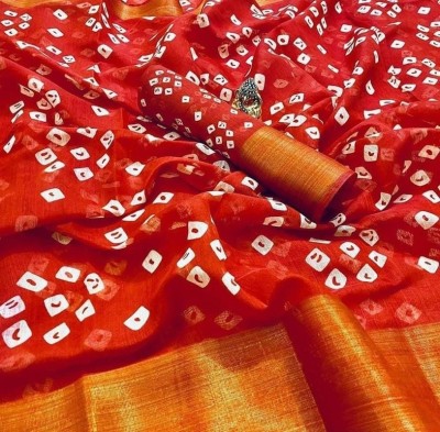 Harshiv Enterprise Printed Bandhani Cotton Blend Saree(Red)