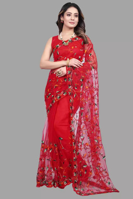 b bella creation Embroidered Bollywood Net Saree(Red)