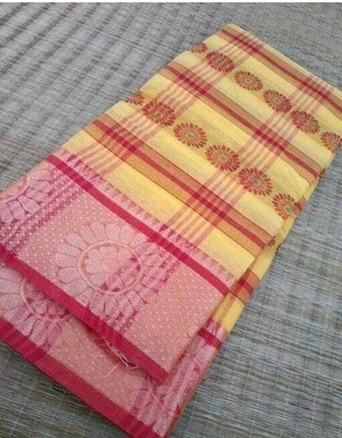 Anita Checkered, Floral Print, Woven Tant Pure Cotton Saree(Yellow)