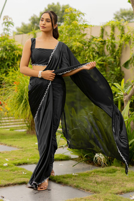 SUBHAM Solid/Plain Bollywood Silk Blend, Lycra Saree(Black)