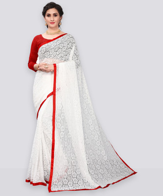 LOROFY Self Design Bollywood Net Saree(White)