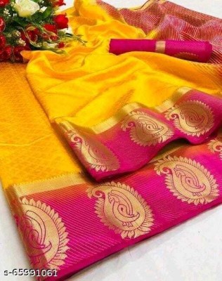 Morpich Fashion Striped Banarasi Silk Blend Saree(Yellow)