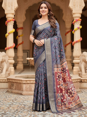 ZAMUNA Digital Print, Floral Print, Woven, Animal Print Banarasi Tussar Silk, Linen Saree(Blue)