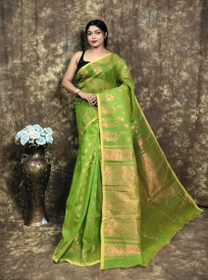 Pasum's Woven, Self Design Jamdani Cotton Silk Saree(Dark Green)