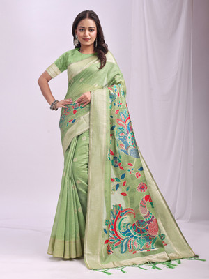 Divastri Printed Banarasi Cotton Linen Saree(Green)