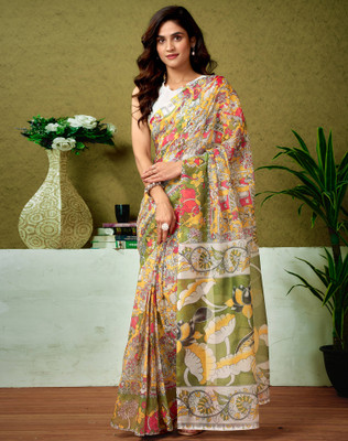 Divastri Floral Print, Geometric Print, Printed Sambalpuri Chanderi, Cotton Blend Saree(Yellow, Green)