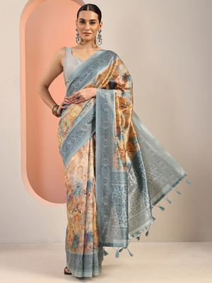 LIBAS Printed Daily Wear Silk Blend Saree(Blue)