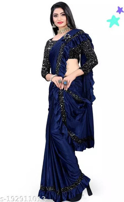 PLEXSTAR Self Design, Checkered, Solid/Plain Bollywood Lycra Blend Saree(Blue)