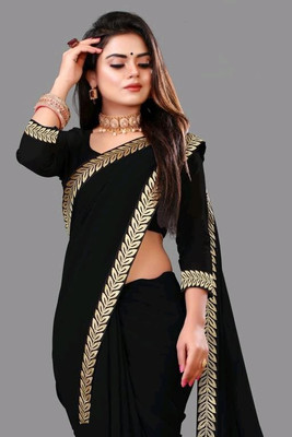 OKTAT Solid/Plain Bollywood Georgette Saree(Black)