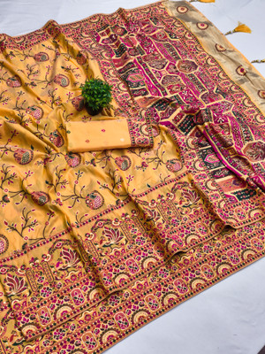 PALLUPOCKET Woven Kanjivaram Jacquard Saree(Yellow)