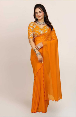 shivika creation Solid/Plain Bollywood Georgette Saree(Yellow)
