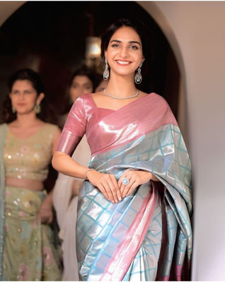 ZILVIRA Woven Kanjivaram Jacquard, Art Silk Saree(Light Blue, Grey)