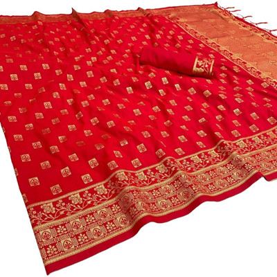 vasthralaya Self Design, Embroidered Kanjivaram Cotton Blend Saree(Red)