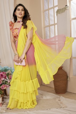 BLEESBURY Solid/Plain Bollywood Chiffon, Georgette Saree(Yellow, Pink)