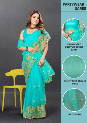 Yashvi Designer Embroidered Bollywood Net Saree(Light Blue)