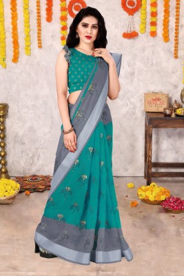 MIRCHI FASHION Printed, Geometric Print Daily Wear Cotton Blend Saree(Light Blue, Grey)