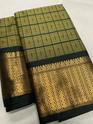 Binay textile Color Block Handloom Pure Cotton Saree(Dark Green)