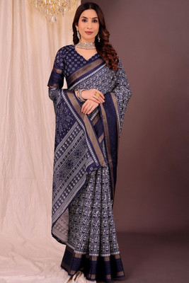 Suali Printed Bollywood Cotton Blend Saree(Dark Blue)
