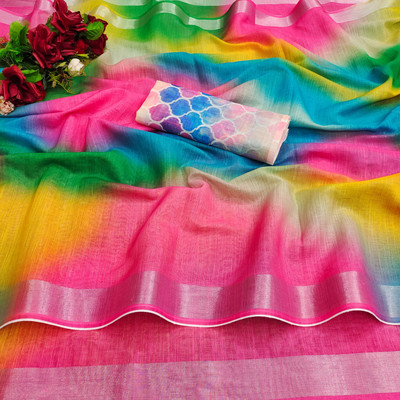 Myraani Digital Print Bollywood Cotton Linen Saree(Multicolor)