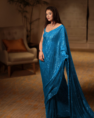 SANSKAR TEXTILE Embroidered Bollywood Georgette Saree(Light Blue)