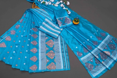 sheladiya Printed, Striped Mekhela Chador Pure Silk, Art Silk Saree(Blue)
