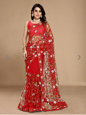 Verviza Embroidered Bollywood Net Saree(Red)