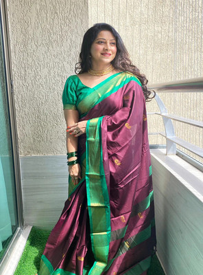 SGF11 Self Design Handloom Silk Blend Saree(Purple, Green)